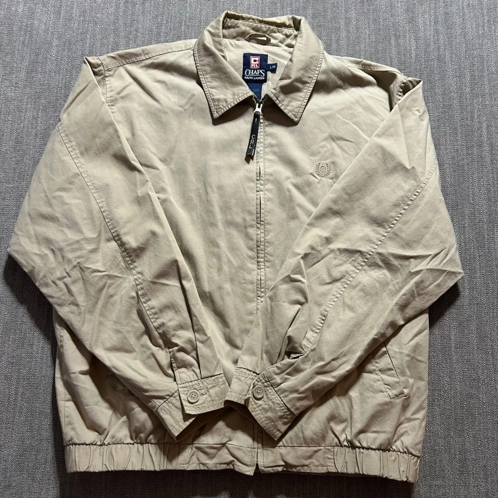 Chaps Ralph Lauren Harrington Jacket Mens L Tan Cotton Full Zip Mesh Lined Logo